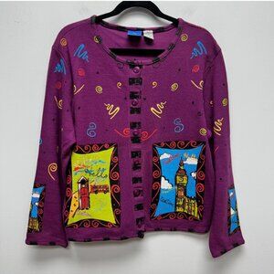 Darc Sport  Womens Purple Knit Long Sleeve Button Front ART TO WEAR Cardigan M